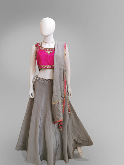 Lehenga in Light Gray and Pink - Indian Clothing in Denver, CO, Aurora, CO, Boulder, CO, Fort Collins, CO, Colorado Springs, CO, Parker, CO, Highlands Ranch, CO, Cherry Creek, CO, Centennial, CO, and Longmont, CO. Nationwide shipping USA - India Fashion X