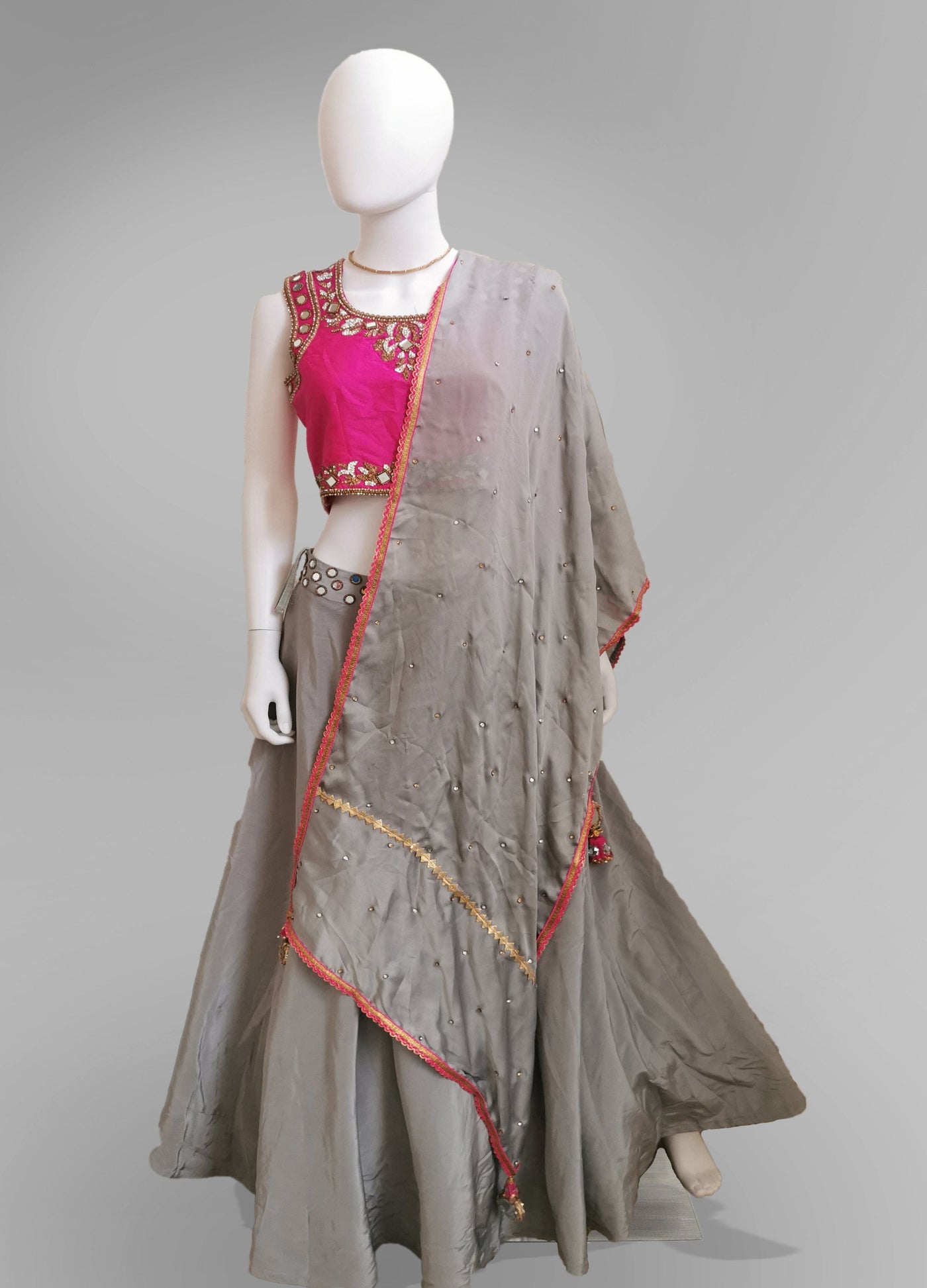 Lehenga in Light Gray and Pink - Indian Clothing in Denver, CO, Aurora, CO, Boulder, CO, Fort Collins, CO, Colorado Springs, CO, Parker, CO, Highlands Ranch, CO, Cherry Creek, CO, Centennial, CO, and Longmont, CO. Nationwide shipping USA - India Fashion X
