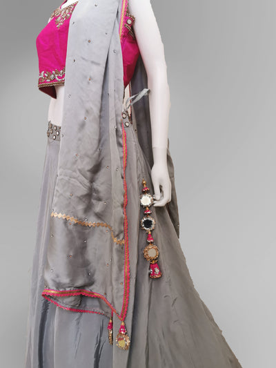Lehenga in Light Gray and Pink - Indian Clothing in Denver, CO, Aurora, CO, Boulder, CO, Fort Collins, CO, Colorado Springs, CO, Parker, CO, Highlands Ranch, CO, Cherry Creek, CO, Centennial, CO, and Longmont, CO. Nationwide shipping USA - India Fashion X