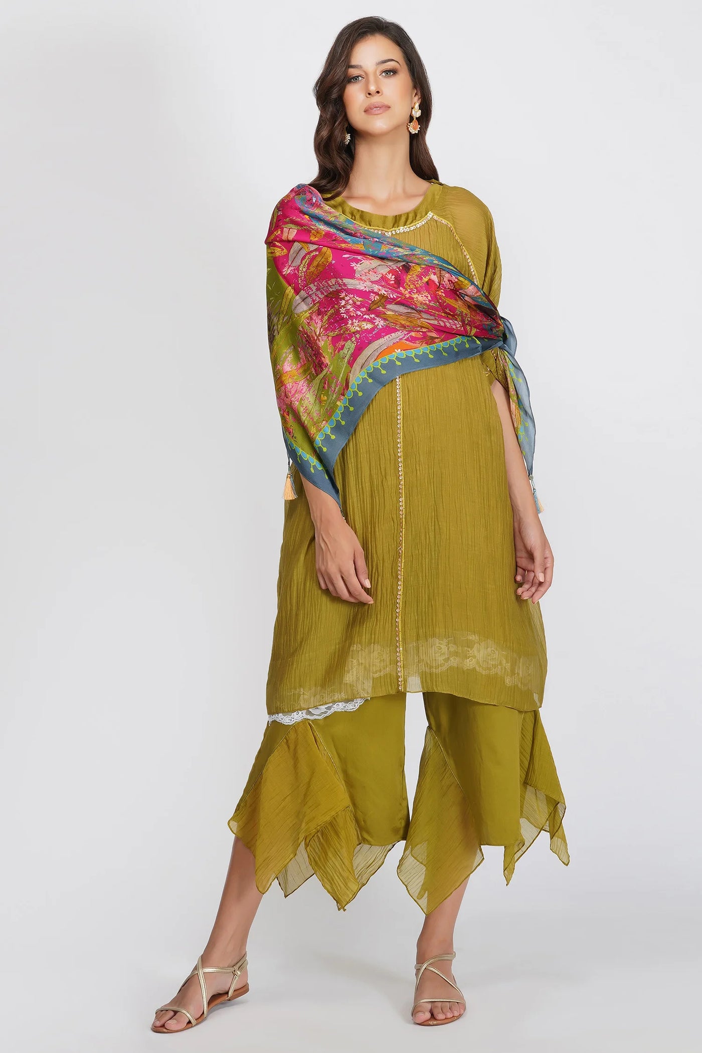 Green Asymmetric Tunic Set - Indian Clothing in Denver, CO, Aurora, CO, Boulder, CO, Fort Collins, CO, Colorado Springs, CO, Parker, CO, Highlands Ranch, CO, Cherry Creek, CO, Centennial, CO, and Longmont, CO. Nationwide shipping USA - India Fashion X