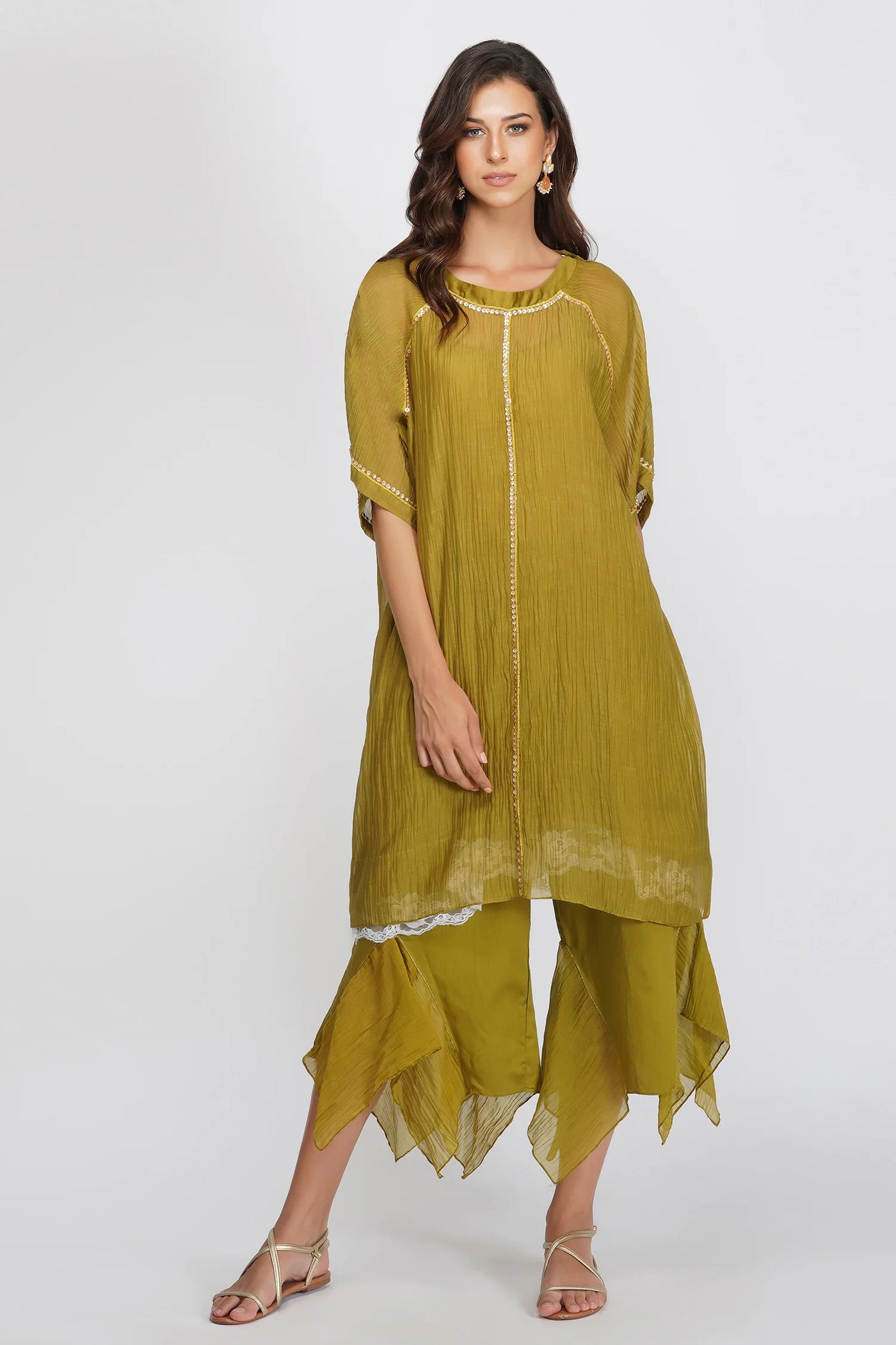 Green Asymmetric Tunic Set - Indian Clothing in Denver, CO, Aurora, CO, Boulder, CO, Fort Collins, CO, Colorado Springs, CO, Parker, CO, Highlands Ranch, CO, Cherry Creek, CO, Centennial, CO, and Longmont, CO. Nationwide shipping USA - India Fashion X