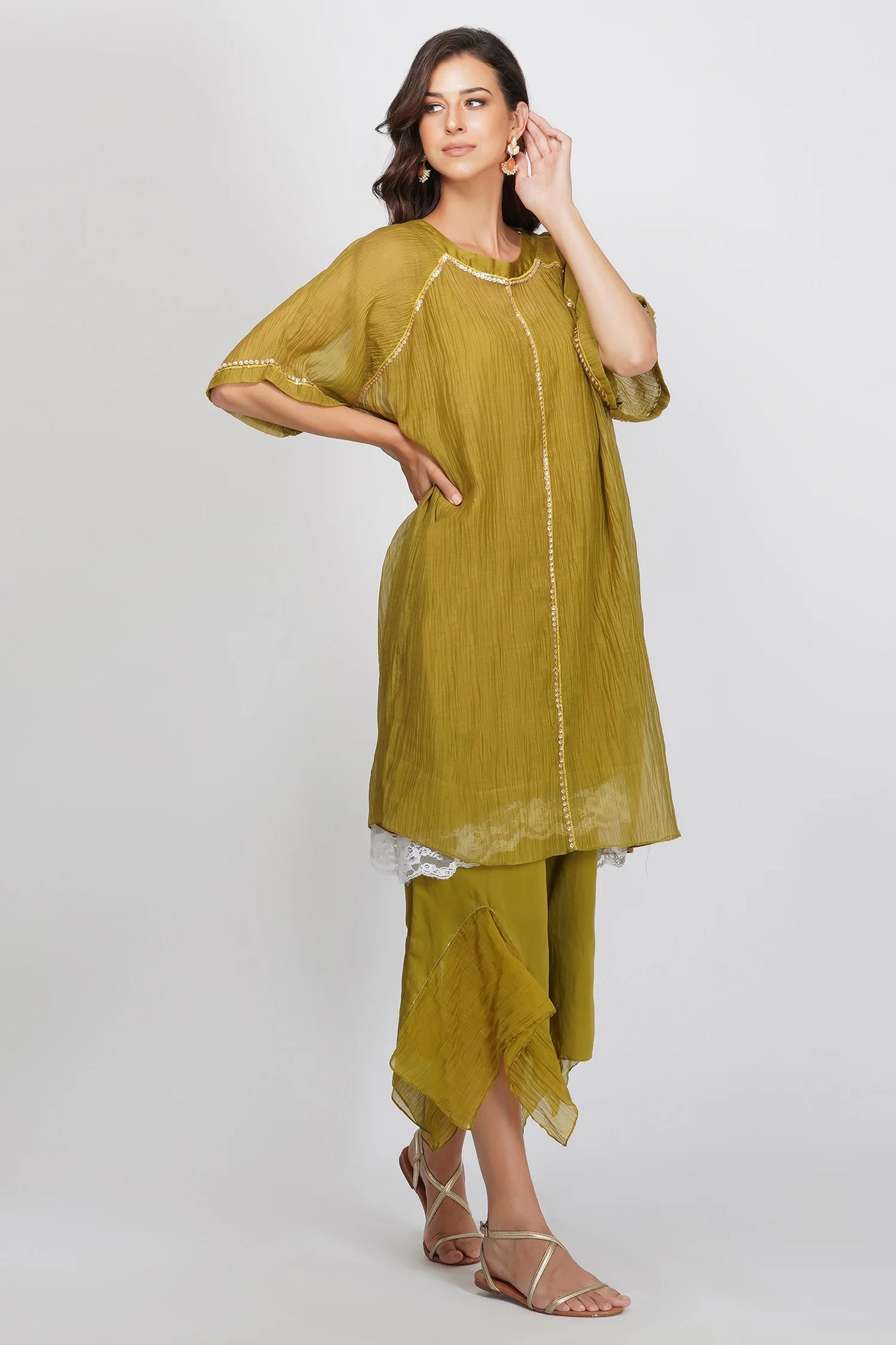 Green Asymmetric Tunic Set - Indian Clothing in Denver, CO, Aurora, CO, Boulder, CO, Fort Collins, CO, Colorado Springs, CO, Parker, CO, Highlands Ranch, CO, Cherry Creek, CO, Centennial, CO, and Longmont, CO. Nationwide shipping USA - India Fashion X