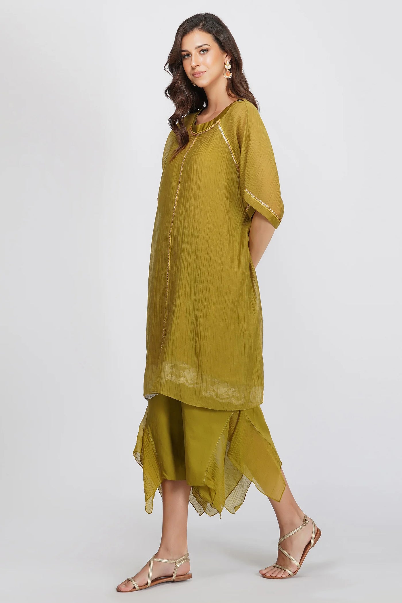 Green Asymmetric Tunic Set - Indian Clothing in Denver, CO, Aurora, CO, Boulder, CO, Fort Collins, CO, Colorado Springs, CO, Parker, CO, Highlands Ranch, CO, Cherry Creek, CO, Centennial, CO, and Longmont, CO. Nationwide shipping USA - India Fashion X