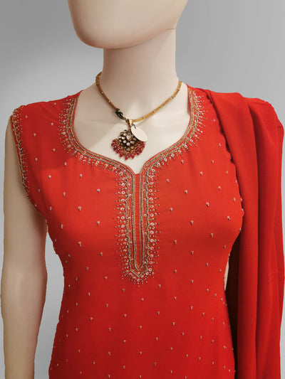 Salwar-Kameez in Tomato Red Crepe with Light Gold Embroidery - Indian Clothing in Denver, CO, Aurora, CO, Boulder, CO, Fort Collins, CO, Colorado Springs, CO, Parker, CO, Highlands Ranch, CO, Cherry Creek, CO, Centennial, CO, and Longmont, CO. Nationwide shipping USA - India Fashion X