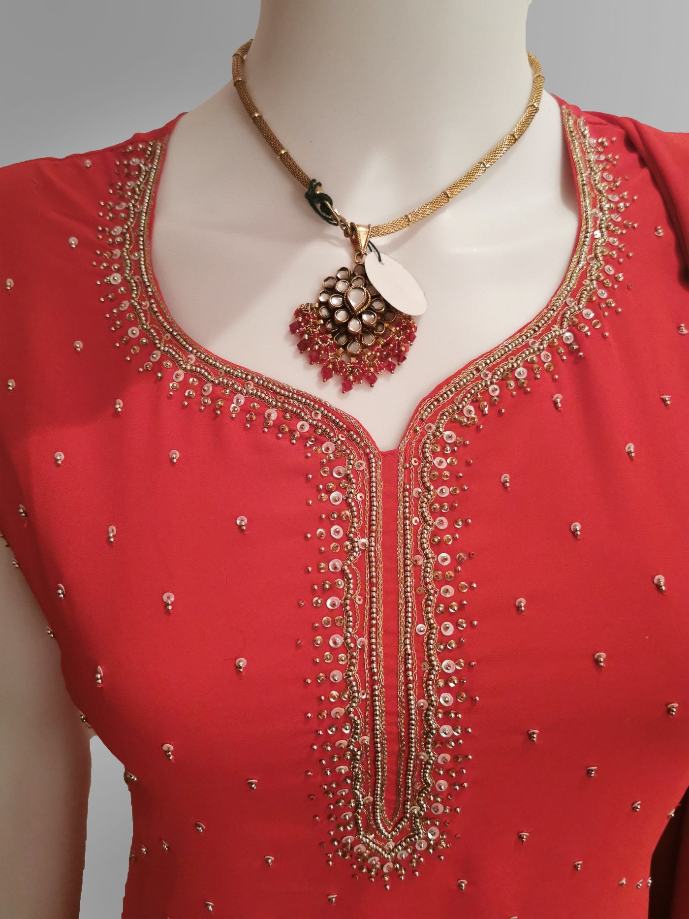 Salwar-Kameez in Tomato Red Crepe with Light Gold Embroidery - Indian Clothing in Denver, CO, Aurora, CO, Boulder, CO, Fort Collins, CO, Colorado Springs, CO, Parker, CO, Highlands Ranch, CO, Cherry Creek, CO, Centennial, CO, and Longmont, CO. Nationwide shipping USA - India Fashion X