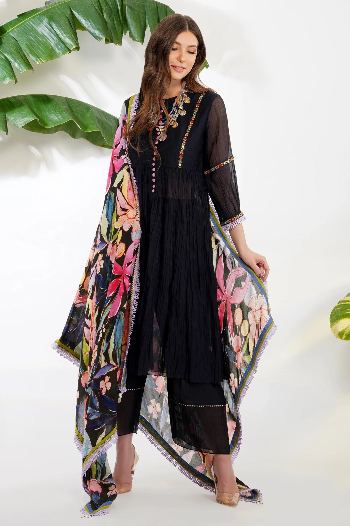 Black Anarkali Set with Printed Dupatta Indian Clothing in Denver, CO, Aurora, CO, Boulder, CO, Fort Collins, CO, Colorado Springs, CO, Parker, CO, Highlands Ranch, CO, Cherry Creek, CO, Centennial, CO, and Longmont, CO. NATIONWIDE SHIPPING USA- India Fashion X