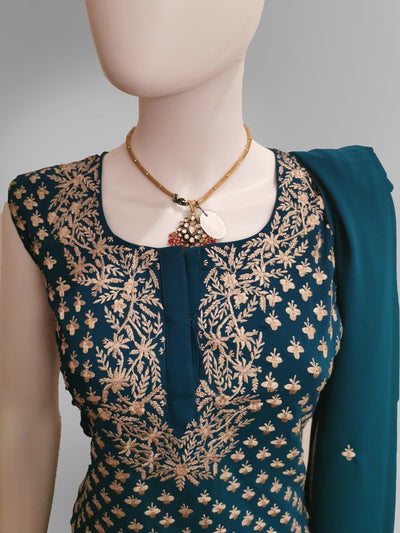 Salwar-Kameez in Pine Green with Heavy Gold Embroidery Work - Indian Clothing in Denver, CO, Aurora, CO, Boulder, CO, Fort Collins, CO, Colorado Springs, CO, Parker, CO, Highlands Ranch, CO, Cherry Creek, CO, Centennial, CO, and Longmont, CO. Nationwide shipping USA - India Fashion X