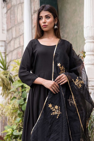 Black Cotton Mul Anarkali Set - Indian Clothing in Denver, CO, Aurora, CO, Boulder, CO, Fort Collins, CO, Colorado Springs, CO, Parker, CO, Highlands Ranch, CO, Cherry Creek, CO, Centennial, CO, and Longmont, CO. Nationwide shipping USA - India Fashion X