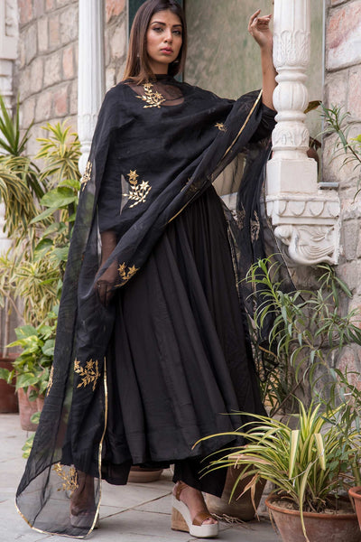 Black Cotton Mul Anarkali Set - Indian Clothing in Denver, CO, Aurora, CO, Boulder, CO, Fort Collins, CO, Colorado Springs, CO, Parker, CO, Highlands Ranch, CO, Cherry Creek, CO, Centennial, CO, and Longmont, CO. Nationwide shipping USA - India Fashion X