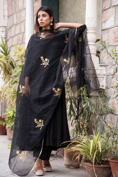 Black Cotton Mul Anarkali Set - Indian Clothing in Denver, CO, Aurora, CO, Boulder, CO, Fort Collins, CO, Colorado Springs, CO, Parker, CO, Highlands Ranch, CO, Cherry Creek, CO, Centennial, CO, and Longmont, CO. Nationwide shipping USA - India Fashion X