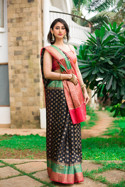 Pink and Navy Banarasi Saree Indian Clothing in Denver, CO, Aurora, CO, Boulder, CO, Fort Collins, CO, Colorado Springs, CO, Parker, CO, Highlands Ranch, CO, Cherry Creek, CO, Centennial, CO, and Longmont, CO. NATIONWIDE SHIPPING USA- India Fashion X