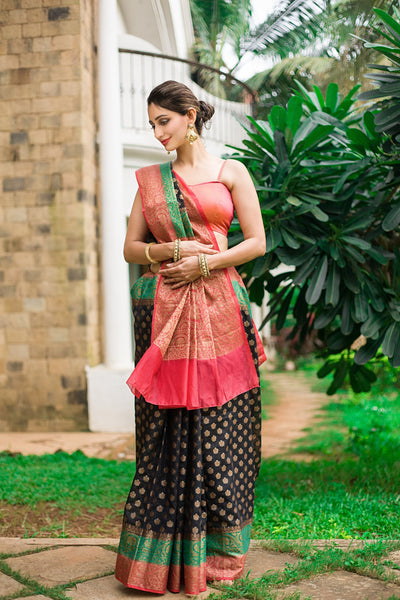 Pink and Navy Banarasi Saree Indian Clothing in Denver, CO, Aurora, CO, Boulder, CO, Fort Collins, CO, Colorado Springs, CO, Parker, CO, Highlands Ranch, CO, Cherry Creek, CO, Centennial, CO, and Longmont, CO. NATIONWIDE SHIPPING USA- India Fashion X