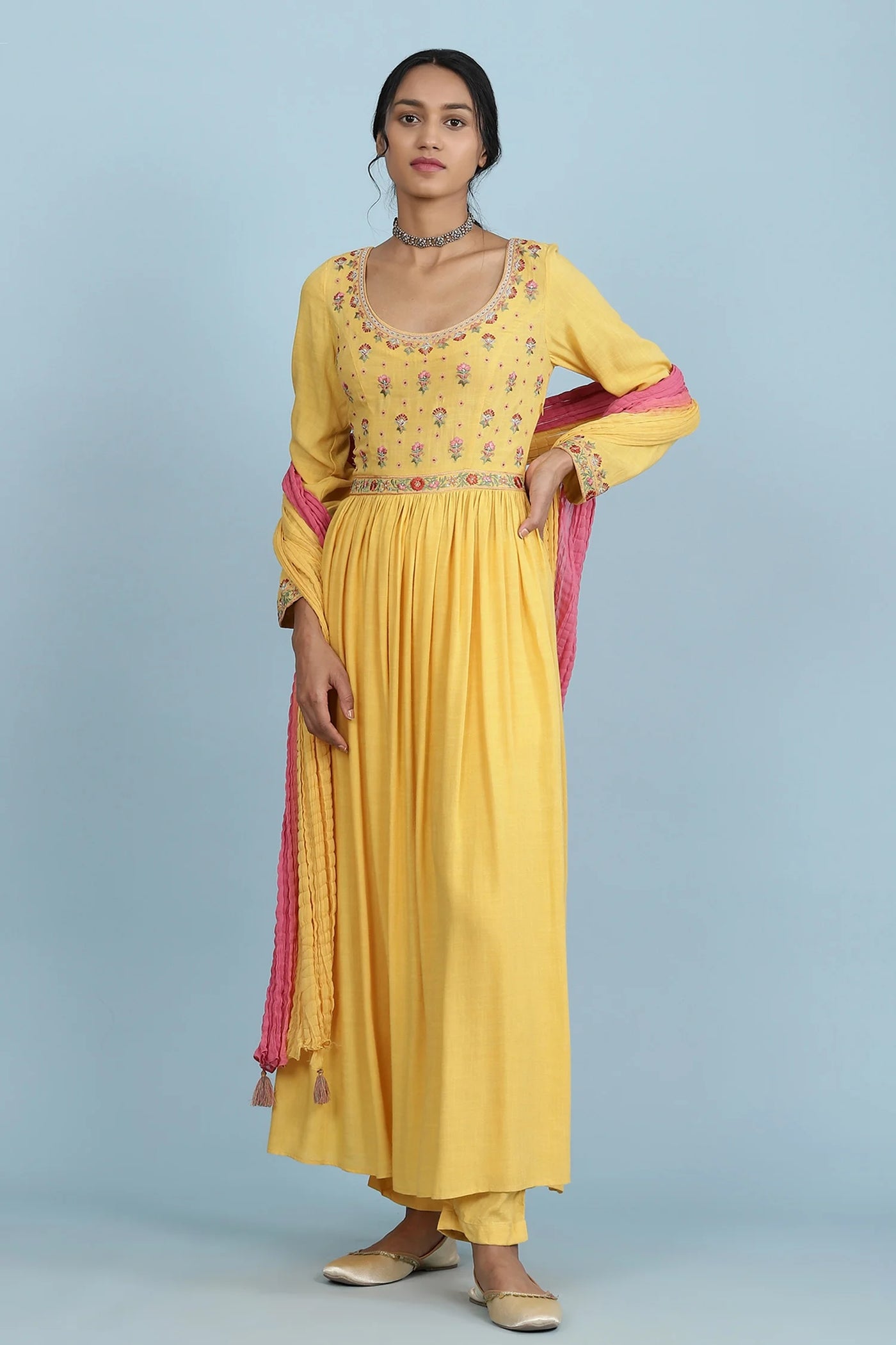 Yellow Slub Anarkali Set Indian Clothing in Denver, CO, Aurora, CO, Boulder, CO, Fort Collins, CO, Colorado Springs, CO, Parker, CO, Highlands Ranch, CO, Cherry Creek, CO, Centennial, CO, and Longmont, CO. NATIONWIDE SHIPPING USA- India Fashion X