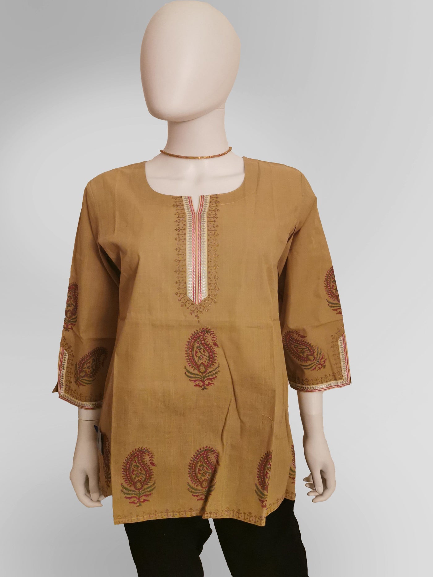 3/4 Sleeve Kurti Top in Beige Tan Indian Clothing in Denver, CO, Aurora, CO, Boulder, CO, Fort Collins, CO, Colorado Springs, CO, Parker, CO, Highlands Ranch, CO, Cherry Creek, CO, Centennial, CO, and Longmont, CO. NATIONWIDE SHIPPING USA- India Fashion X