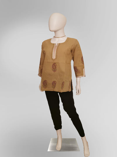 3/4 Sleeve Kurti Top in Beige Tan Indian Clothing in Denver, CO, Aurora, CO, Boulder, CO, Fort Collins, CO, Colorado Springs, CO, Parker, CO, Highlands Ranch, CO, Cherry Creek, CO, Centennial, CO, and Longmont, CO. NATIONWIDE SHIPPING USA- India Fashion X