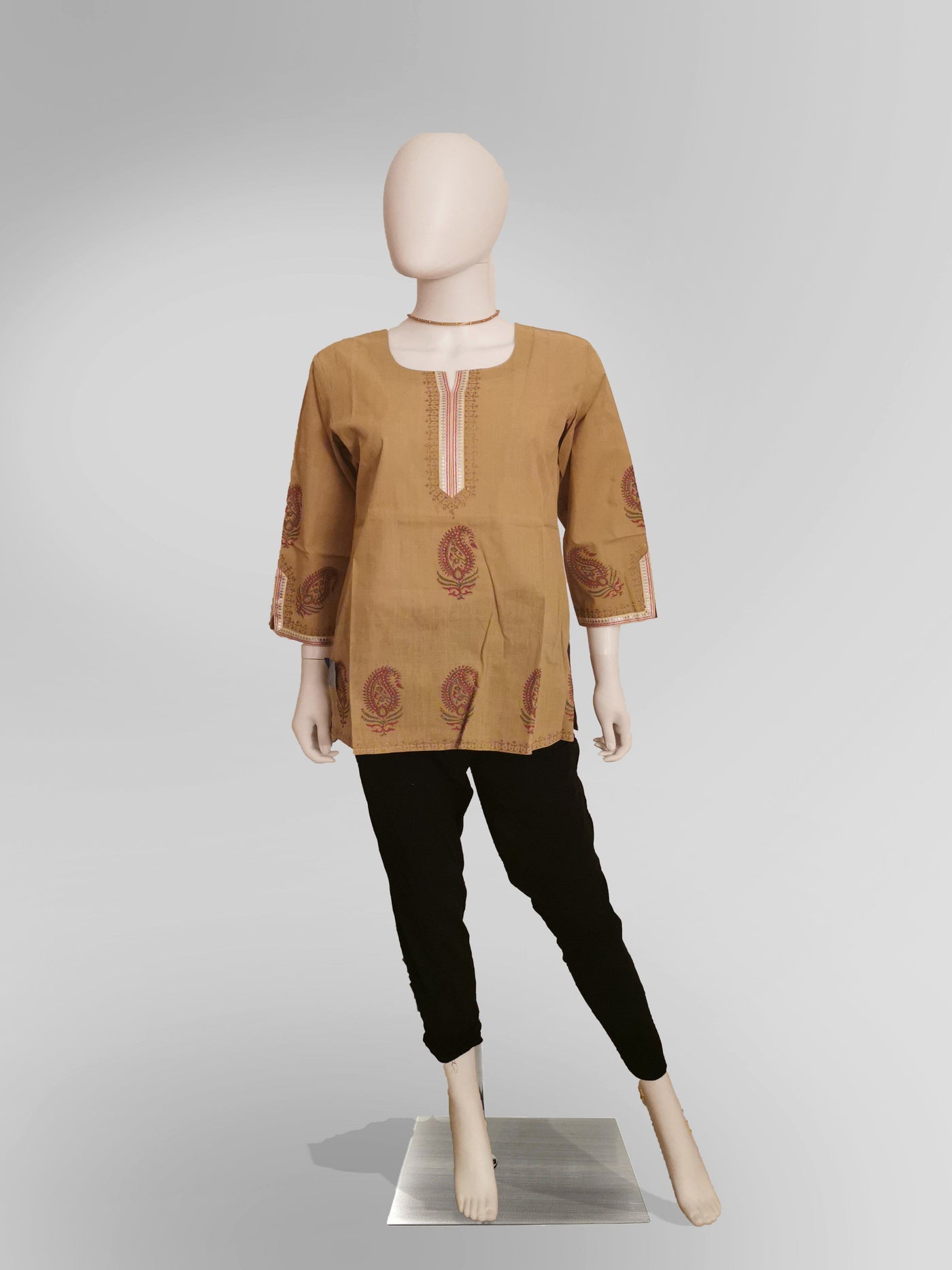 3/4 Sleeve Kurti Top in Beige Tan Indian Clothing in Denver, CO, Aurora, CO, Boulder, CO, Fort Collins, CO, Colorado Springs, CO, Parker, CO, Highlands Ranch, CO, Cherry Creek, CO, Centennial, CO, and Longmont, CO. NATIONWIDE SHIPPING USA- India Fashion X