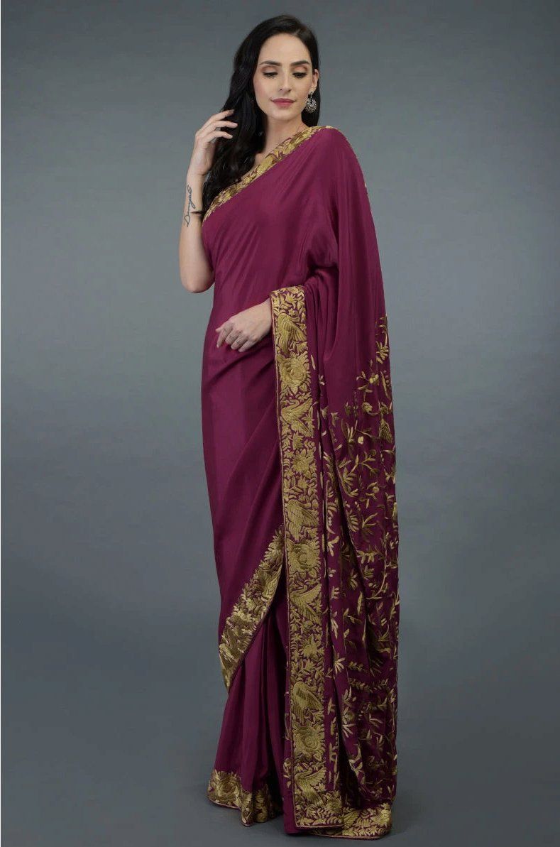 Saree in Raspberry Purple Gold Trim Featured in Pure Crepe Silk - Indian Clothing in Denver, CO, Aurora, CO, Boulder, CO, Fort Collins, CO, Colorado Springs, CO, Parker, CO, Highlands Ranch, CO, Cherry Creek, CO, Centennial, CO, and Longmont, CO. Nationwide shipping USA - India Fashion X
