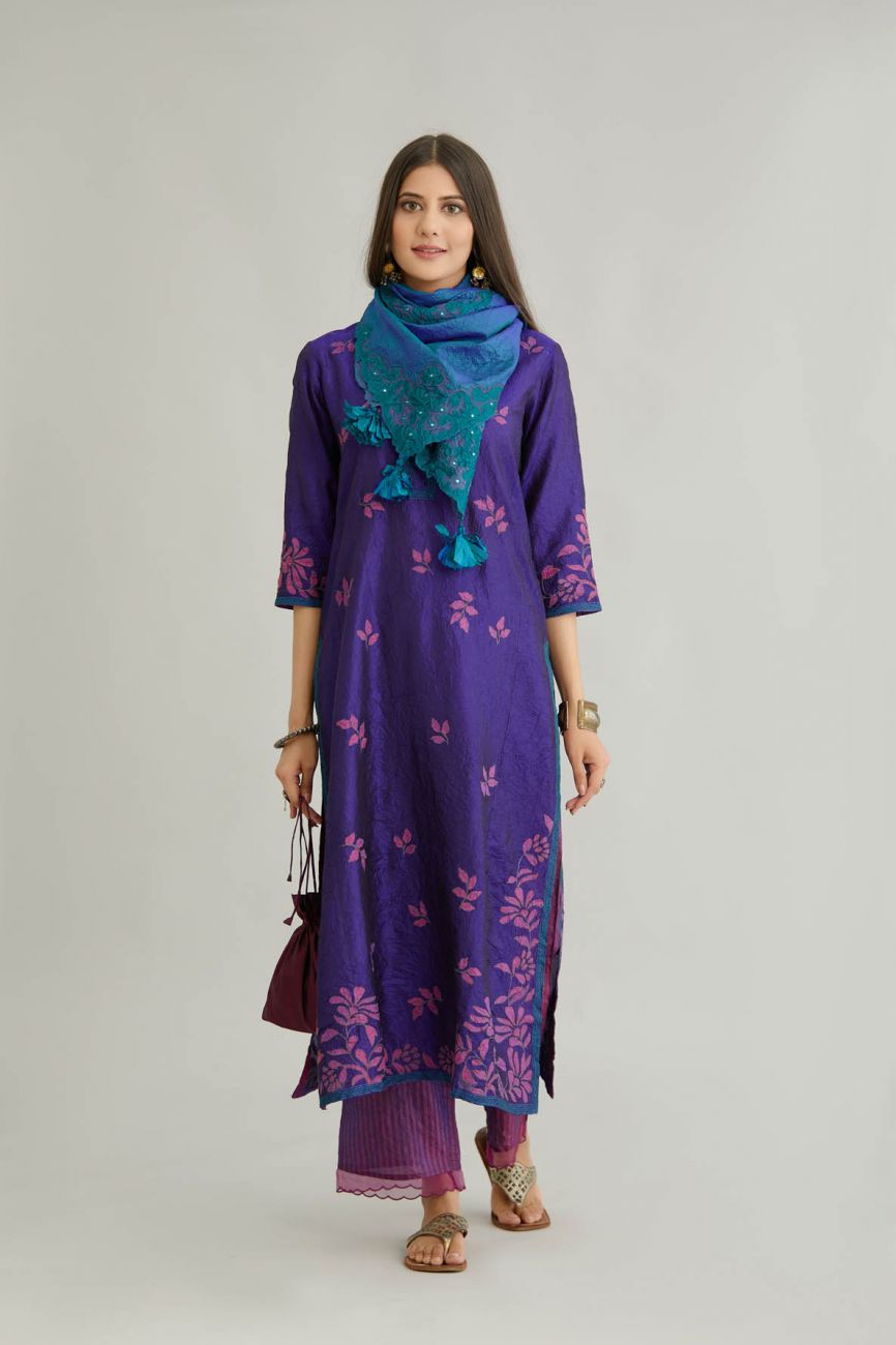 Purple Crushed Silk Kurta Set - Indian Clothing in Denver, CO, Aurora, CO, Boulder, CO, Fort Collins, CO, Colorado Springs, CO, Parker, CO, Highlands Ranch, CO, Cherry Creek, CO, Centennial, CO, and Longmont, CO. Nationwide shipping USA - India Fashion X