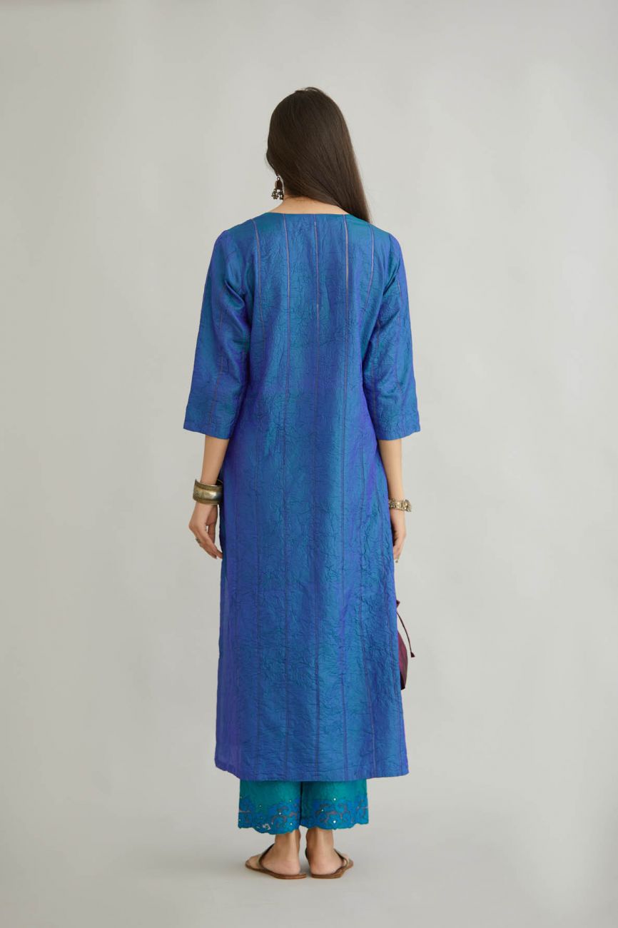 Blue Crushed Silk Kurta Set - Indian Clothing in Denver, CO, Aurora, CO, Boulder, CO, Fort Collins, CO, Colorado Springs, CO, Parker, CO, Highlands Ranch, CO, Cherry Creek, CO, Centennial, CO, and Longmont, CO. Nationwide shipping USA - India Fashion X