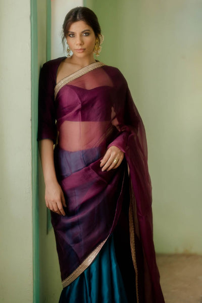 Wine & Agean Satin Saree - Indian Clothing in Denver, CO, Aurora, CO, Boulder, CO, Fort Collins, CO, Colorado Springs, CO, Parker, CO, Highlands Ranch, CO, Cherry Creek, CO, Centennial, CO, and Longmont, CO. Nationwide shipping USA - India Fashion X