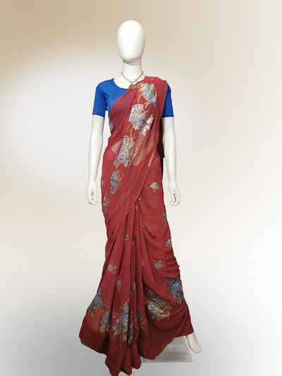 Saree in Tomato Red with Floral Print Indian Clothing in Denver, CO, Aurora, CO, Boulder, CO, Fort Collins, CO, Colorado Springs, CO, Parker, CO, Highlands Ranch, CO, Cherry Creek, CO, Centennial, CO, and Longmont, CO. NATIONWIDE SHIPPING USA- India Fashion X