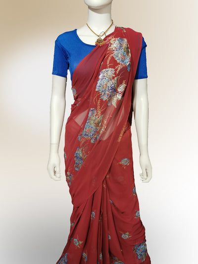 Saree in Tomato Red with Floral Print Indian Clothing in Denver, CO, Aurora, CO, Boulder, CO, Fort Collins, CO, Colorado Springs, CO, Parker, CO, Highlands Ranch, CO, Cherry Creek, CO, Centennial, CO, and Longmont, CO. NATIONWIDE SHIPPING USA- India Fashion X