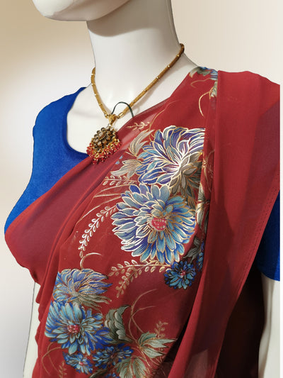 Saree in Tomato Red with Floral Print Indian Clothing in Denver, CO, Aurora, CO, Boulder, CO, Fort Collins, CO, Colorado Springs, CO, Parker, CO, Highlands Ranch, CO, Cherry Creek, CO, Centennial, CO, and Longmont, CO. NATIONWIDE SHIPPING USA- India Fashion X