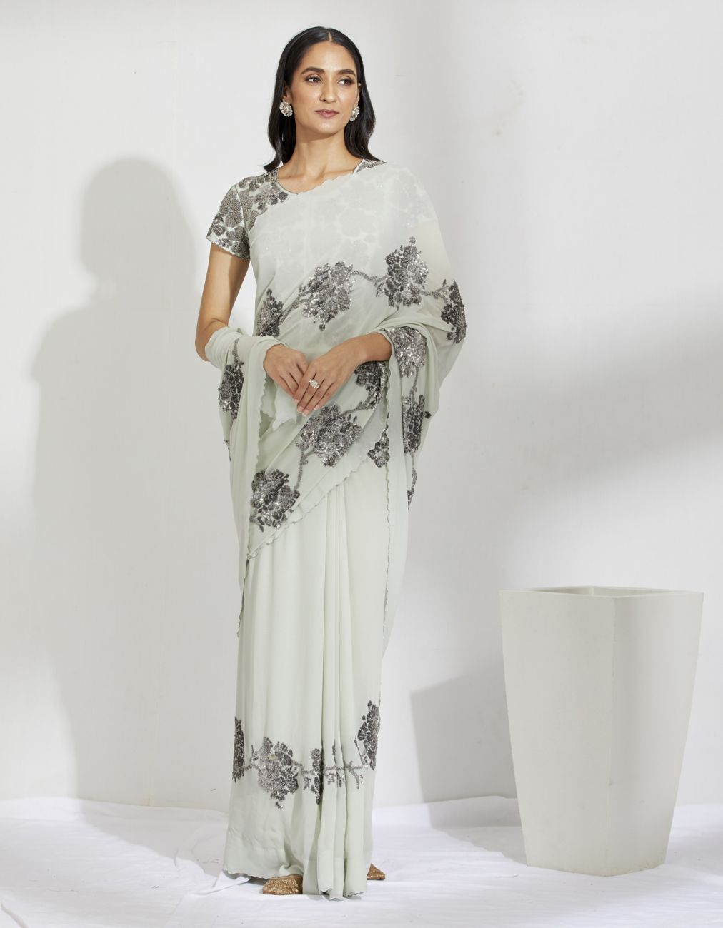 Mint And Silver Floral Bead Saree - Indian Clothing in Denver, CO, Aurora, CO, Boulder, CO, Fort Collins, CO, Colorado Springs, CO, Parker, CO, Highlands Ranch, CO, Cherry Creek, CO, Centennial, CO, and Longmont, CO. Nationwide shipping USA - India Fashion X