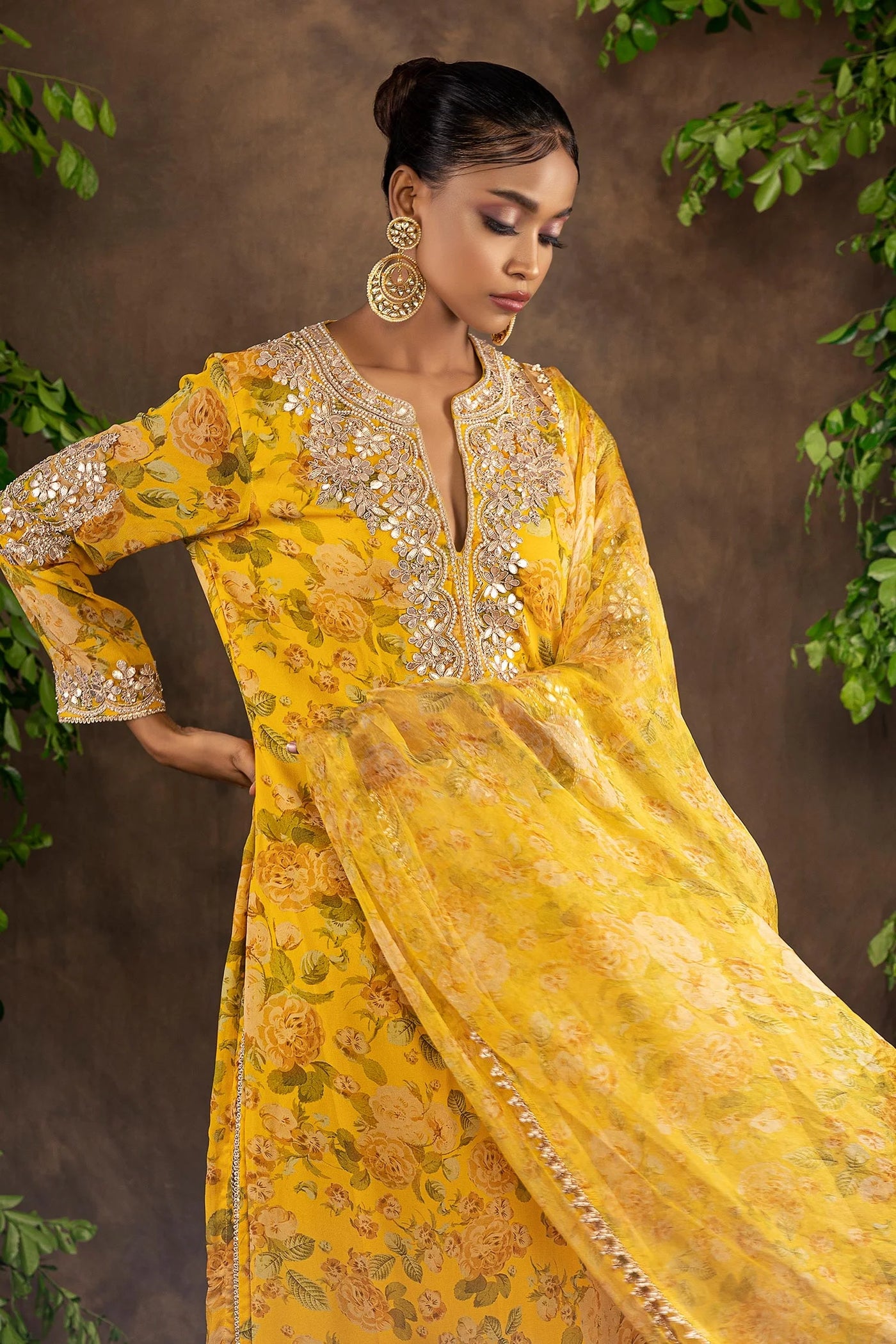 Yellow Floral Suit Set - Indian Clothing in Denver, CO, Aurora, CO, Boulder, CO, Fort Collins, CO, Colorado Springs, CO, Parker, CO, Highlands Ranch, CO, Cherry Creek, CO, Centennial, CO, and Longmont, CO. Nationwide shipping USA - India Fashion X