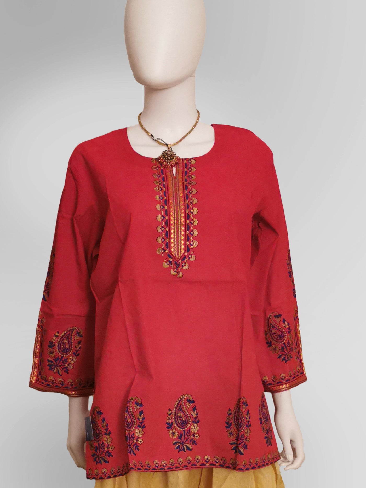 3/4 Sleeve Kurti Top in Tomato Red Indian Clothing in Denver, CO, Aurora, CO, Boulder, CO, Fort Collins, CO, Colorado Springs, CO, Parker, CO, Highlands Ranch, CO, Cherry Creek, CO, Centennial, CO, and Longmont, CO. NATIONWIDE SHIPPING USA- India Fashion X