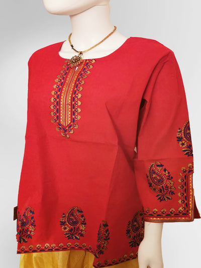 3/4 Sleeve Kurti Top in Tomato Red Indian Clothing in Denver, CO, Aurora, CO, Boulder, CO, Fort Collins, CO, Colorado Springs, CO, Parker, CO, Highlands Ranch, CO, Cherry Creek, CO, Centennial, CO, and Longmont, CO. NATIONWIDE SHIPPING USA- India Fashion X