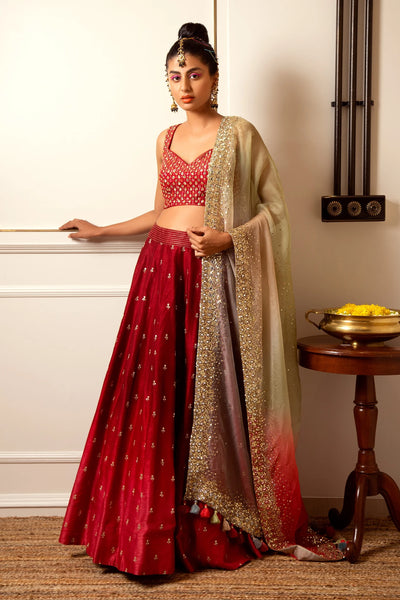 Red Chanderi Lehenga Set - Indian Clothing in Denver, CO, Aurora, CO, Boulder, CO, Fort Collins, CO, Colorado Springs, CO, Parker, CO, Highlands Ranch, CO, Cherry Creek, CO, Centennial, CO, and Longmont, CO. Nationwide shipping USA - India Fashion X