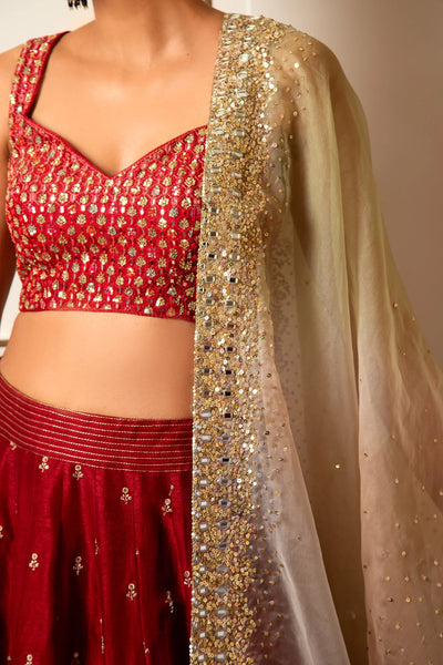 Red Chanderi Lehenga Set - Indian Clothing in Denver, CO, Aurora, CO, Boulder, CO, Fort Collins, CO, Colorado Springs, CO, Parker, CO, Highlands Ranch, CO, Cherry Creek, CO, Centennial, CO, and Longmont, CO. Nationwide shipping USA - India Fashion X