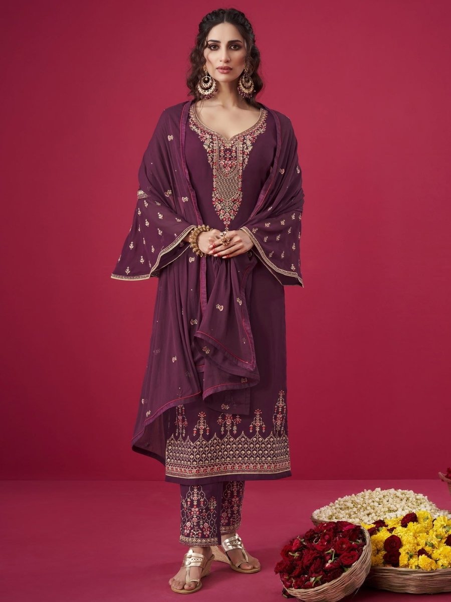 Wine Embroidered Salwar Kameez - Indian Clothing in Denver, CO, Aurora, CO, Boulder, CO, Fort Collins, CO, Colorado Springs, CO, Parker, CO, Highlands Ranch, CO, Cherry Creek, CO, Centennial, CO, and Longmont, CO. Nationwide shipping USA - India Fashion X