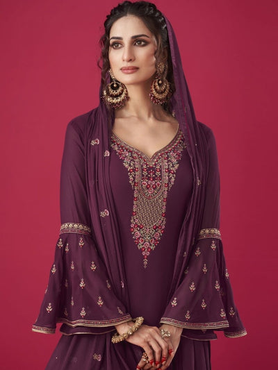 Wine Embroidered Salwar Kameez - Indian Clothing in Denver, CO, Aurora, CO, Boulder, CO, Fort Collins, CO, Colorado Springs, CO, Parker, CO, Highlands Ranch, CO, Cherry Creek, CO, Centennial, CO, and Longmont, CO. Nationwide shipping USA - India Fashion X