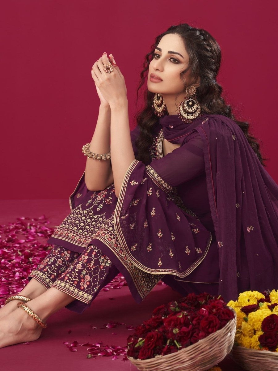 Wine Embroidered Salwar Kameez - Indian Clothing in Denver, CO, Aurora, CO, Boulder, CO, Fort Collins, CO, Colorado Springs, CO, Parker, CO, Highlands Ranch, CO, Cherry Creek, CO, Centennial, CO, and Longmont, CO. Nationwide shipping USA - India Fashion X