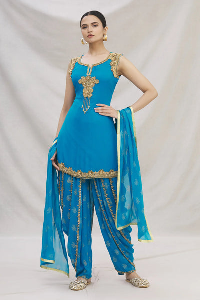 Blue Embroidered Dhoti Suit Set - Indian Clothing in Denver, CO, Aurora, CO, Boulder, CO, Fort Collins, CO, Colorado Springs, CO, Parker, CO, Highlands Ranch, CO, Cherry Creek, CO, Centennial, CO, and Longmont, CO. Nationwide shipping USA - India Fashion X