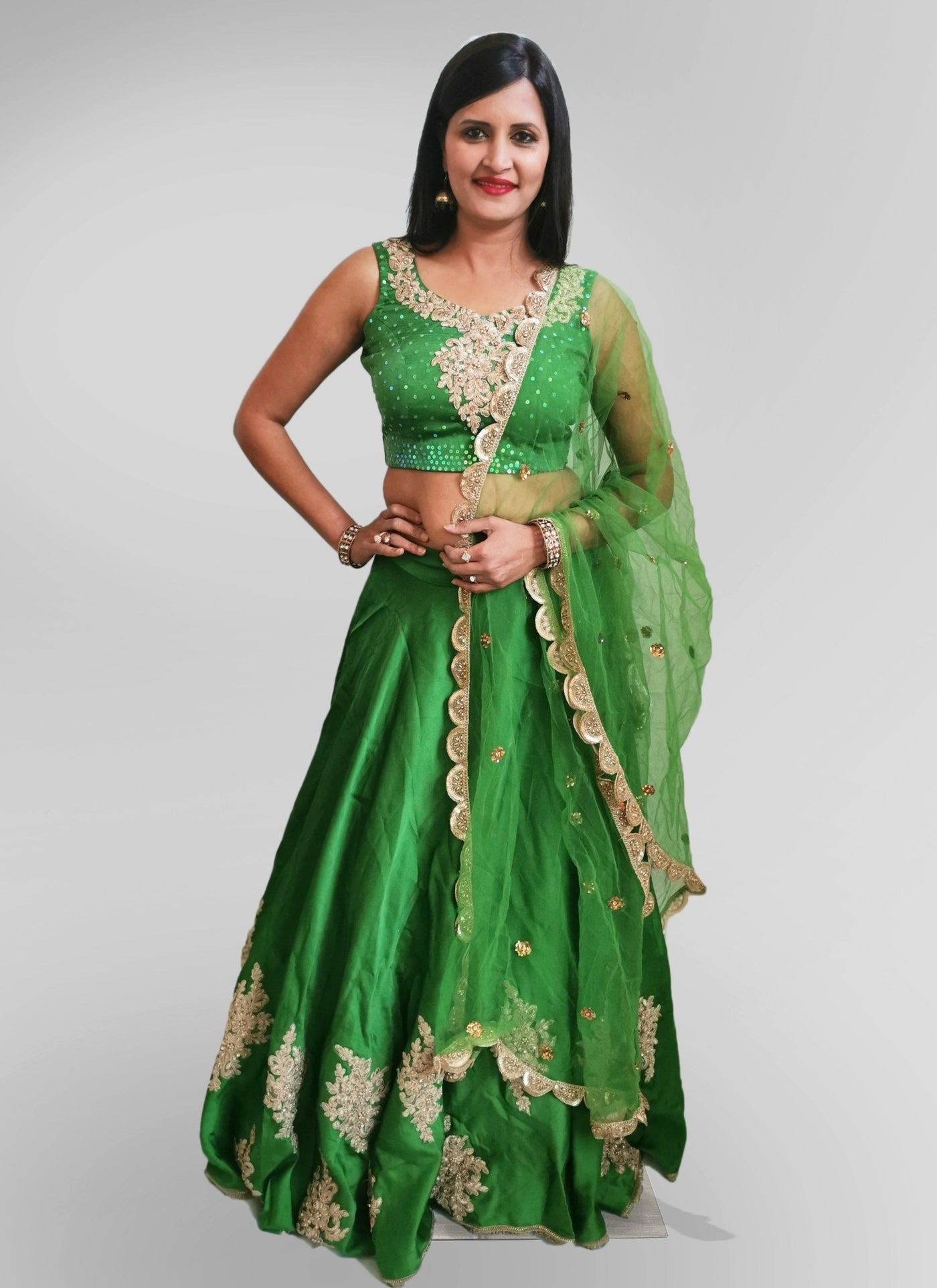 Lehenga in Green Satin Silk - Indian Clothing in Denver, CO, Aurora, CO, Boulder, CO, Fort Collins, CO, Colorado Springs, CO, Parker, CO, Highlands Ranch, CO, Cherry Creek, CO, Centennial, CO, and Longmont, CO. Nationwide shipping USA - India Fashion X