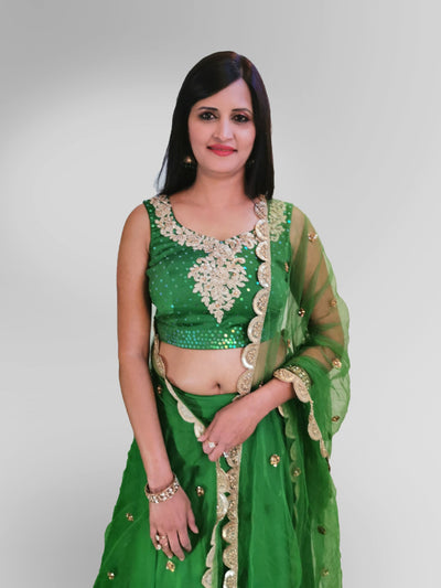 Lehenga in Green Satin Silk - Indian Clothing in Denver, CO, Aurora, CO, Boulder, CO, Fort Collins, CO, Colorado Springs, CO, Parker, CO, Highlands Ranch, CO, Cherry Creek, CO, Centennial, CO, and Longmont, CO. Nationwide shipping USA - India Fashion X