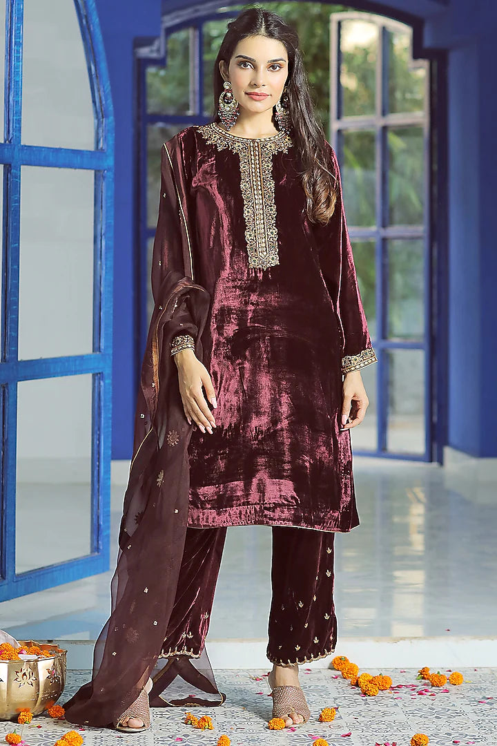 Wine Embroidered Kurta Set - Indian Clothing in Denver, CO, Aurora, CO, Boulder, CO, Fort Collins, CO, Colorado Springs, CO, Parker, CO, Highlands Ranch, CO, Cherry Creek, CO, Centennial, CO, and Longmont, CO. Nationwide shipping USA - India Fashion X