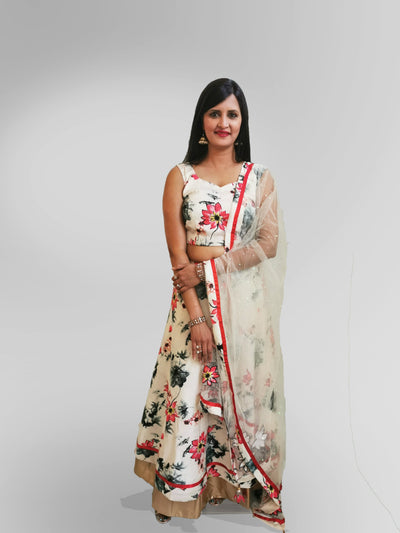 Silky Cream Floral Lehenga - Indian Clothing in Denver, CO, Aurora, CO, Boulder, CO, Fort Collins, CO, Colorado Springs, CO, Parker, CO, Highlands Ranch, CO, Cherry Creek, CO, Centennial, CO, and Longmont, CO. Nationwide shipping USA - India Fashion X