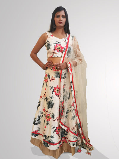 Silky Cream Floral Lehenga - Indian Clothing in Denver, CO, Aurora, CO, Boulder, CO, Fort Collins, CO, Colorado Springs, CO, Parker, CO, Highlands Ranch, CO, Cherry Creek, CO, Centennial, CO, and Longmont, CO. Nationwide shipping USA - India Fashion X