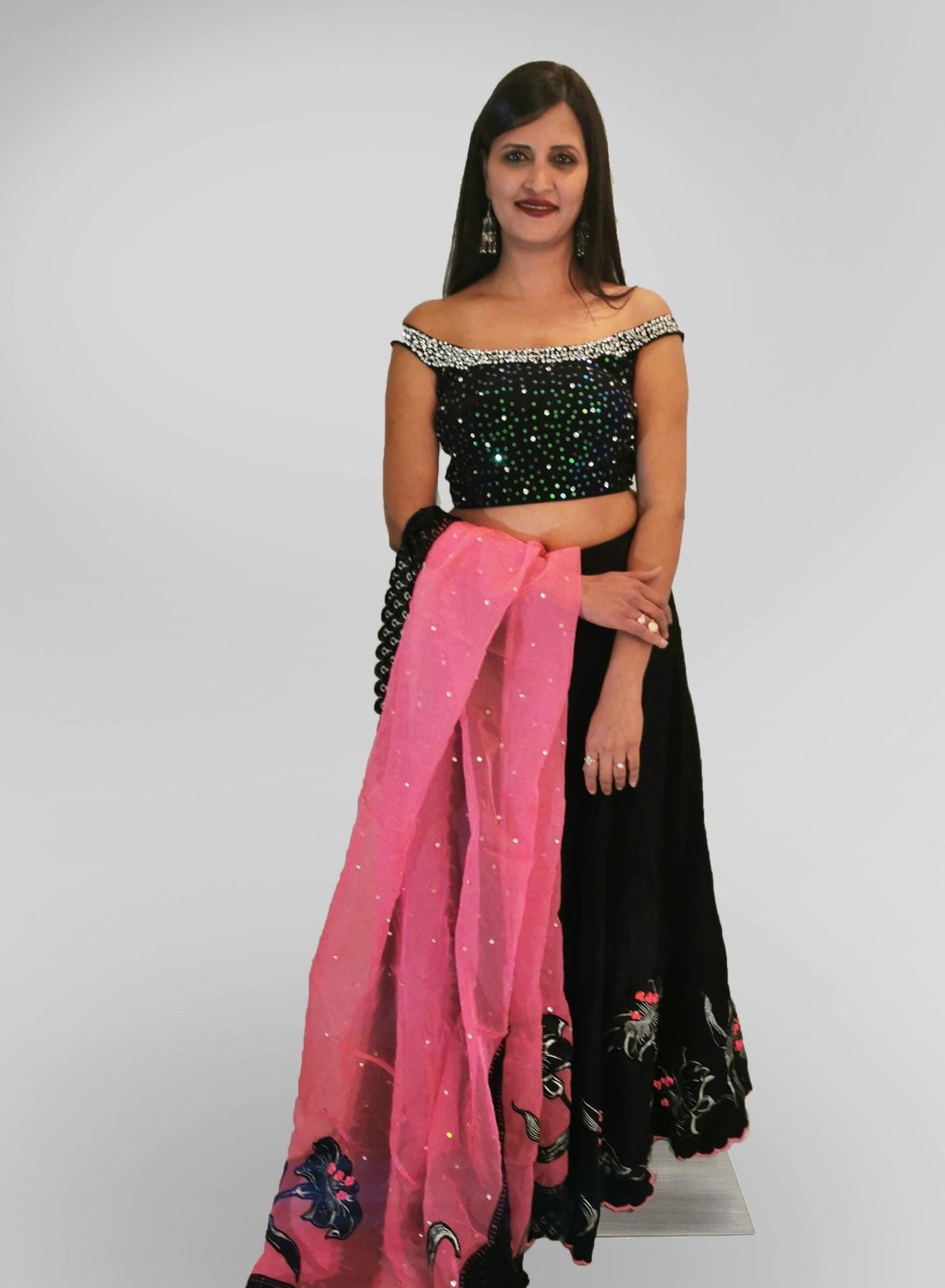 Lehenga in Black and Pink with Sequin Top - Indian Clothing in Denver, CO, Aurora, CO, Boulder, CO, Fort Collins, CO, Colorado Springs, CO, Parker, CO, Highlands Ranch, CO, Cherry Creek, CO, Centennial, CO, and Longmont, CO. Nationwide shipping USA - India Fashion X