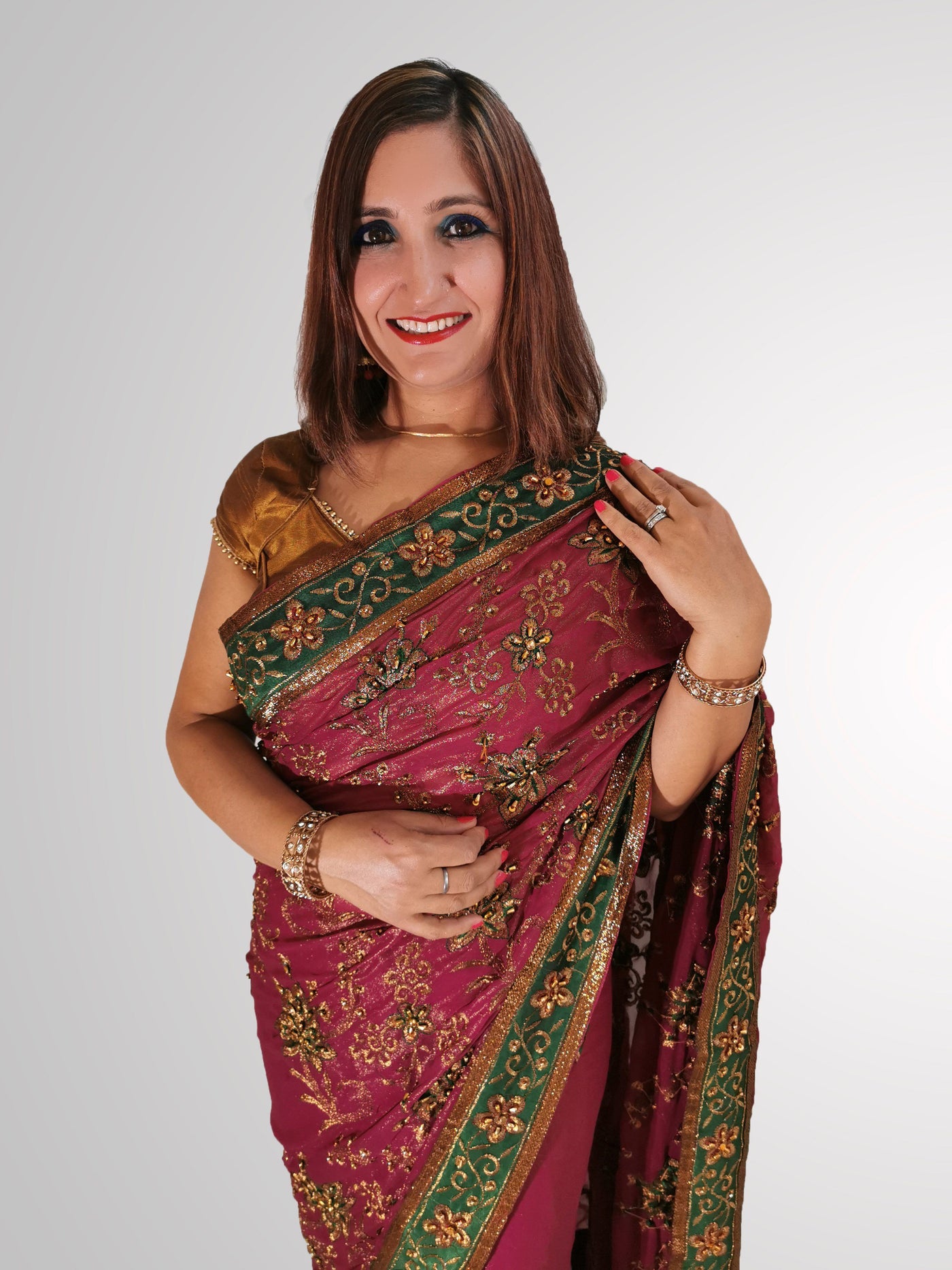 Saree in Smooth Shimmering Purple Silk with Green Border Trim - Indian Clothing in Denver, CO, Aurora, CO, Boulder, CO, Fort Collins, CO, Colorado Springs, CO, Parker, CO, Highlands Ranch, CO, Cherry Creek, CO, Centennial, CO, and Longmont, CO. Nationwide shipping USA - India Fashion X