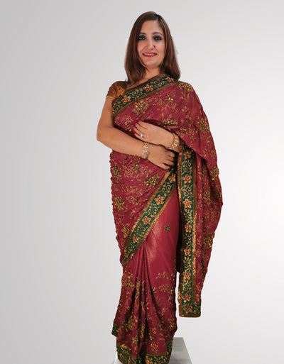 Saree in Smooth Shimmering Purple Silk with Green Border Trim - Indian Clothing in Denver, CO, Aurora, CO, Boulder, CO, Fort Collins, CO, Colorado Springs, CO, Parker, CO, Highlands Ranch, CO, Cherry Creek, CO, Centennial, CO, and Longmont, CO. Nationwide shipping USA - India Fashion X