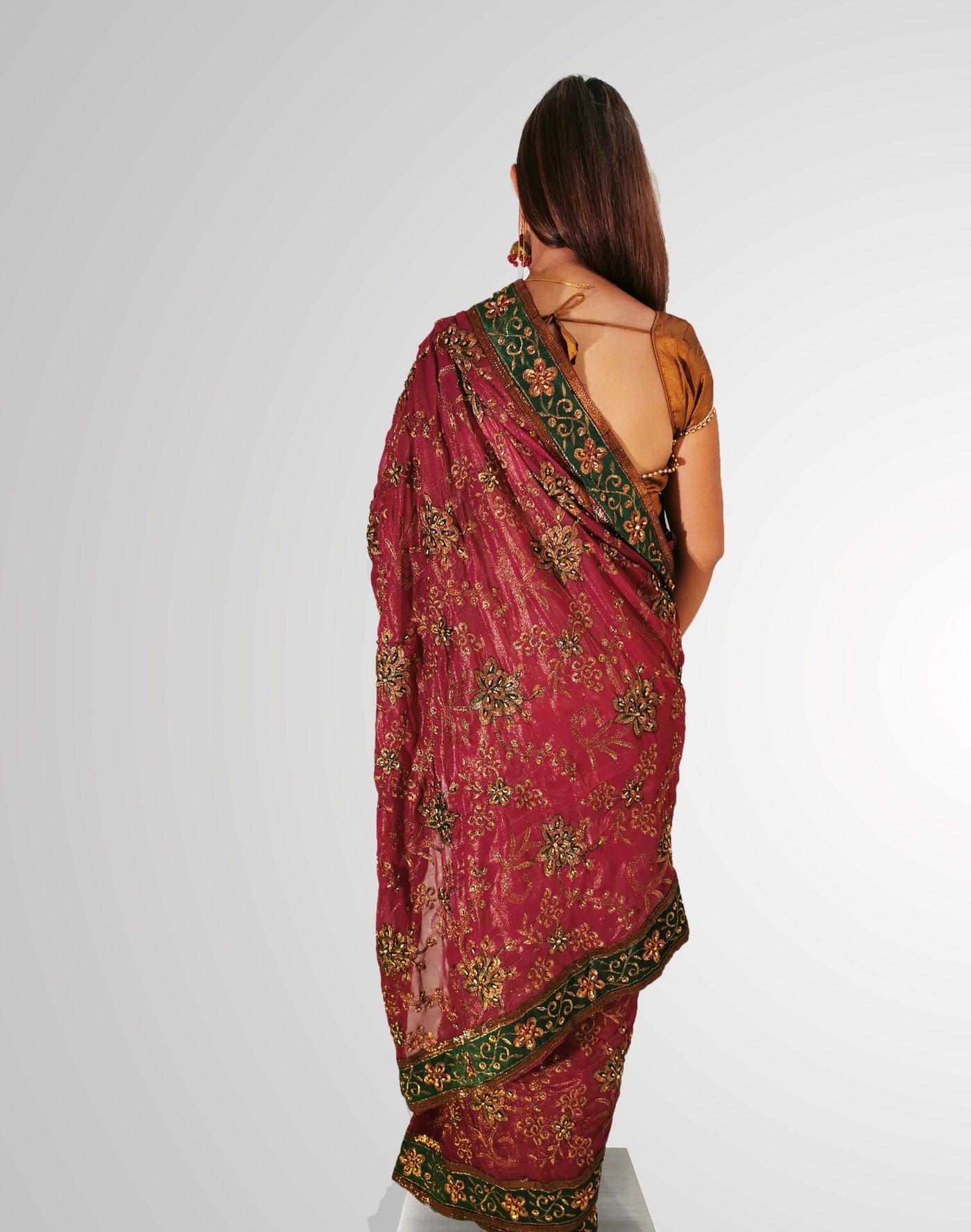 Saree in Smooth Shimmering Purple Silk with Green Border Trim - Indian Clothing in Denver, CO, Aurora, CO, Boulder, CO, Fort Collins, CO, Colorado Springs, CO, Parker, CO, Highlands Ranch, CO, Cherry Creek, CO, Centennial, CO, and Longmont, CO. Nationwide shipping USA - India Fashion X