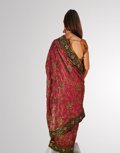 Saree in Smooth Shimmering Purple Silk with Green Border Trim - Indian Clothing in Denver, CO, Aurora, CO, Boulder, CO, Fort Collins, CO, Colorado Springs, CO, Parker, CO, Highlands Ranch, CO, Cherry Creek, CO, Centennial, CO, and Longmont, CO. Nationwide shipping USA - India Fashion X