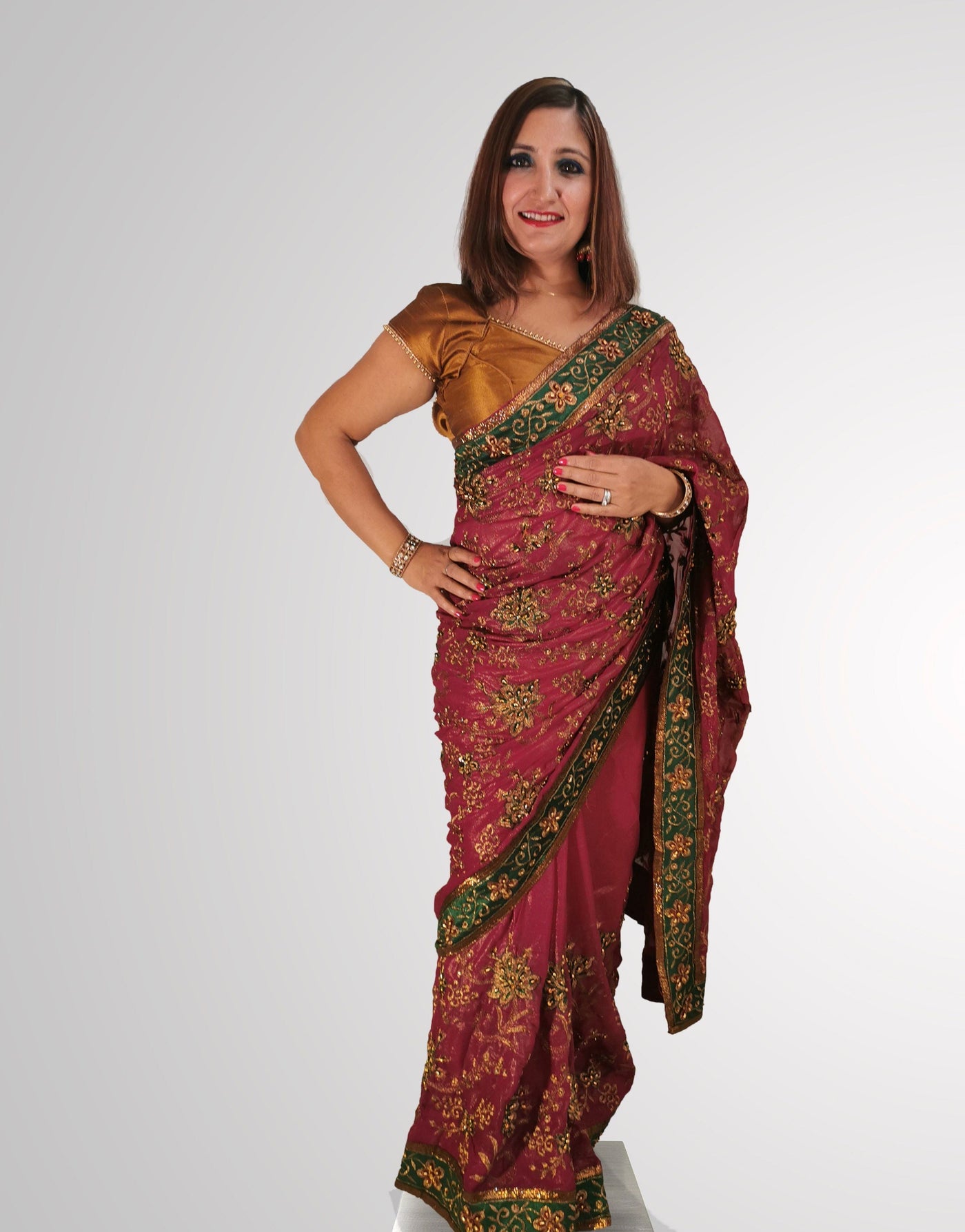 Saree in Smooth Shimmering Purple Silk with Green Border Trim - Indian Clothing in Denver, CO, Aurora, CO, Boulder, CO, Fort Collins, CO, Colorado Springs, CO, Parker, CO, Highlands Ranch, CO, Cherry Creek, CO, Centennial, CO, and Longmont, CO. Nationwide shipping USA - India Fashion X
