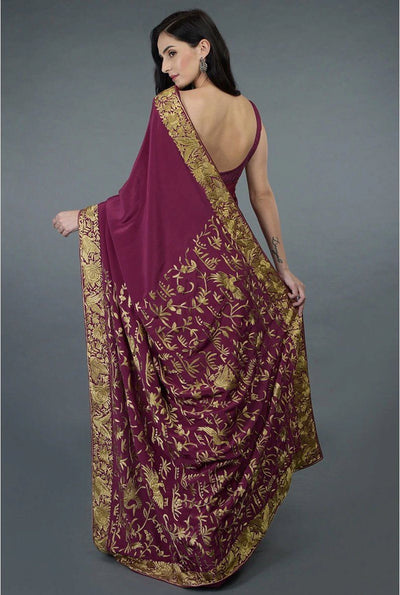 Saree in Raspberry Purple Gold Trim Featured in Pure Crepe Silk - Indian Clothing in Denver, CO, Aurora, CO, Boulder, CO, Fort Collins, CO, Colorado Springs, CO, Parker, CO, Highlands Ranch, CO, Cherry Creek, CO, Centennial, CO, and Longmont, CO. Nationwide shipping USA - India Fashion X