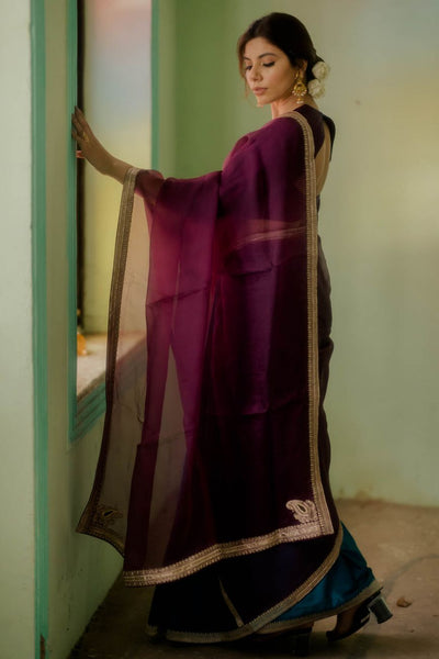 Wine & Agean Satin Saree - Indian Clothing in Denver, CO, Aurora, CO, Boulder, CO, Fort Collins, CO, Colorado Springs, CO, Parker, CO, Highlands Ranch, CO, Cherry Creek, CO, Centennial, CO, and Longmont, CO. Nationwide shipping USA - India Fashion X